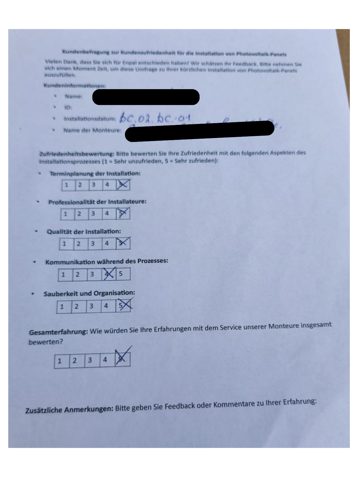 Ausgefüllter Bewertungsbogen 1 eines Brookswalkers Kunden – personenbezogene Daten geschwärzt