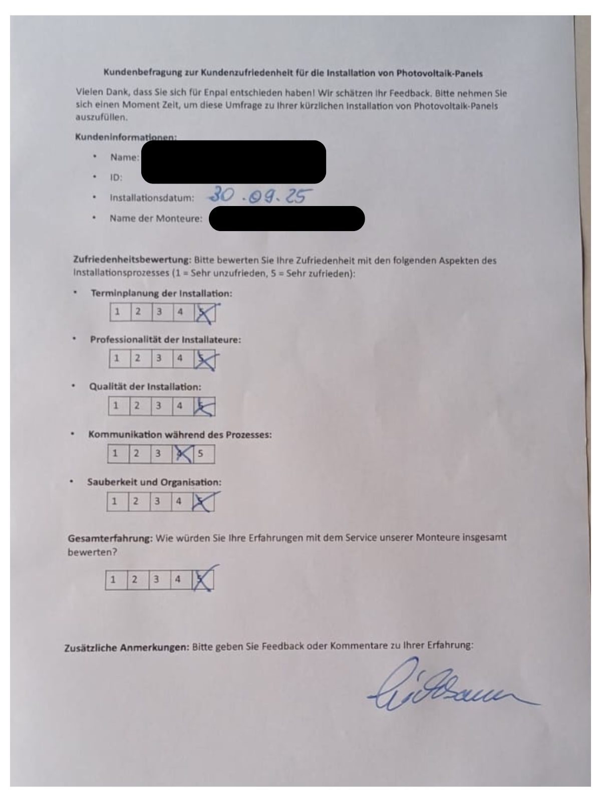 Ausgefüllter Bewertungsbogen 4 eines Brookswalkers Kunden – personenbezogene Daten geschwärzt