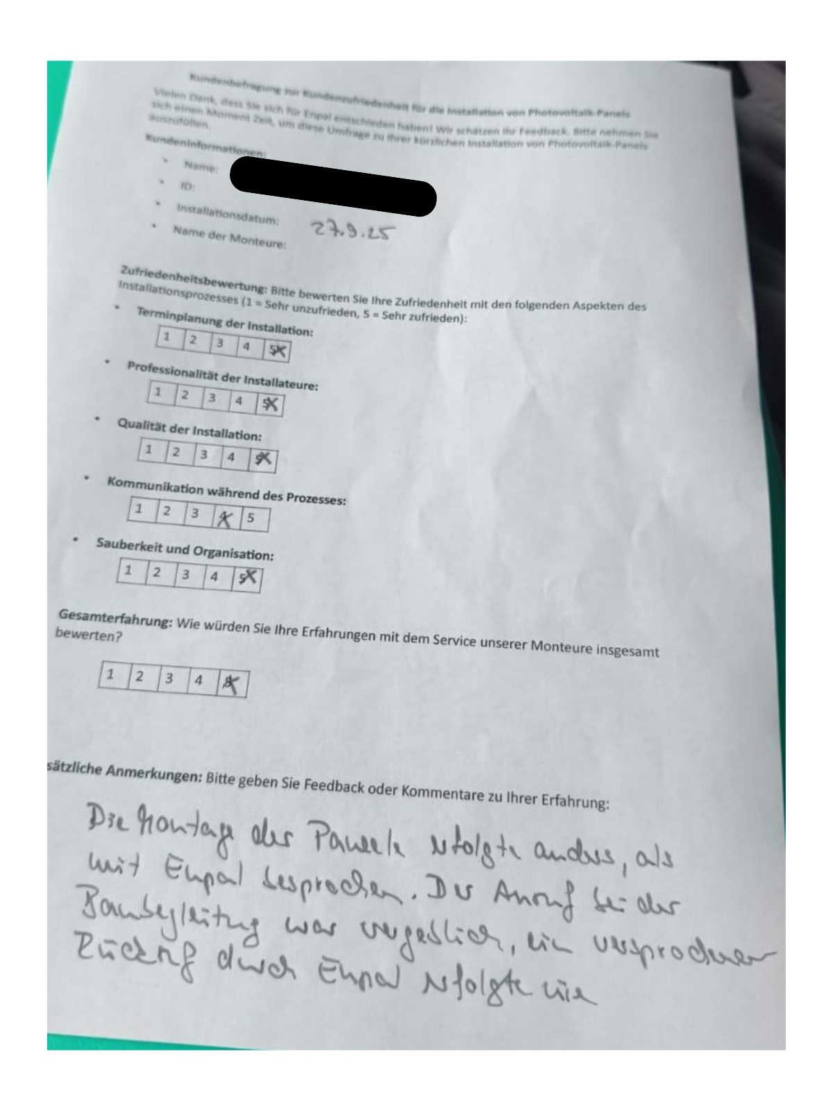 Ausgefüllter Bewertungsbogen 5 eines Brookswalkers Kunden – personenbezogene Daten geschwärzt