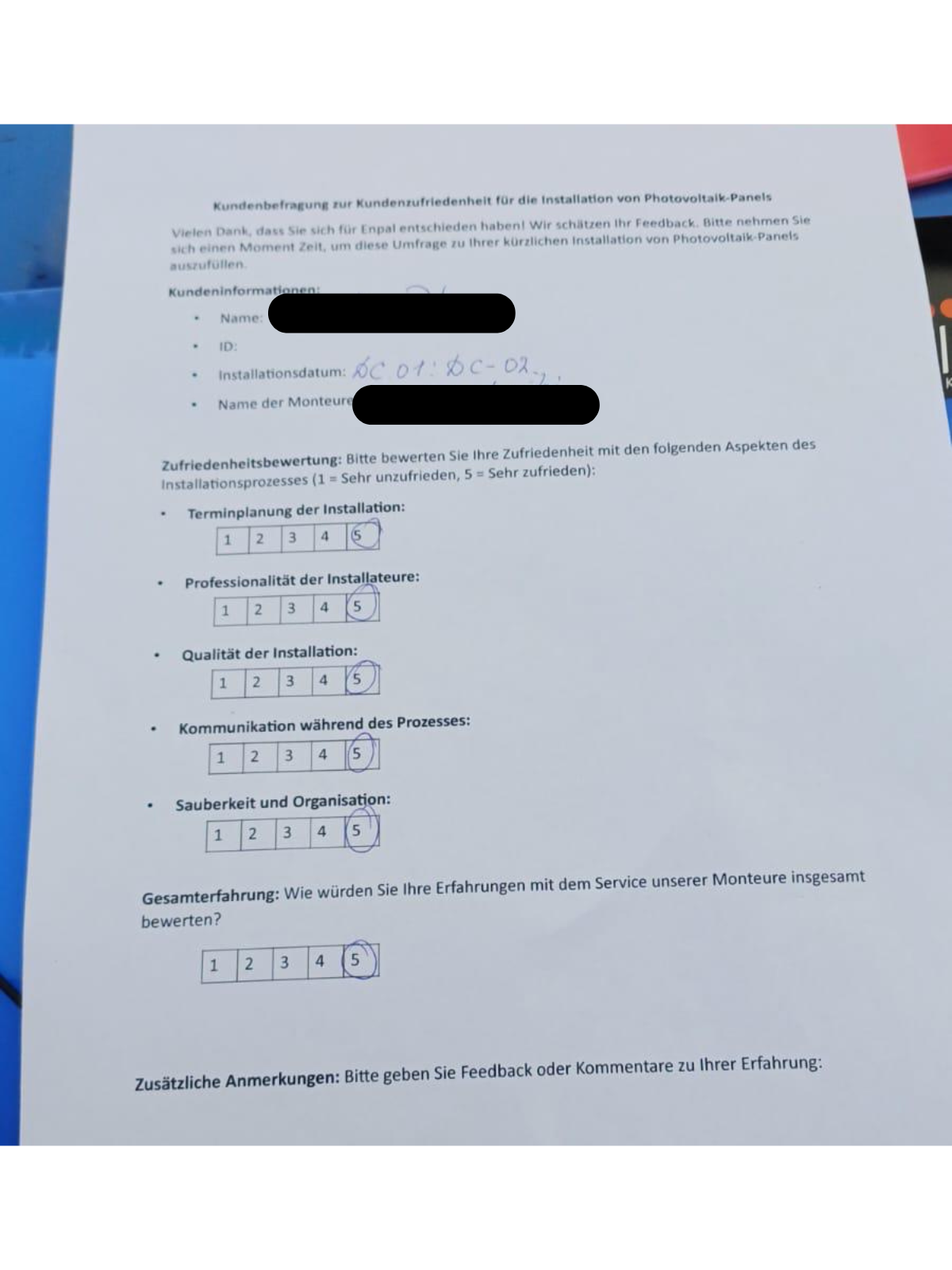 Ausgefüllter Bewertungsbogen 6 eines Brookswalkers Kunden – personenbezogene Daten geschwärzt